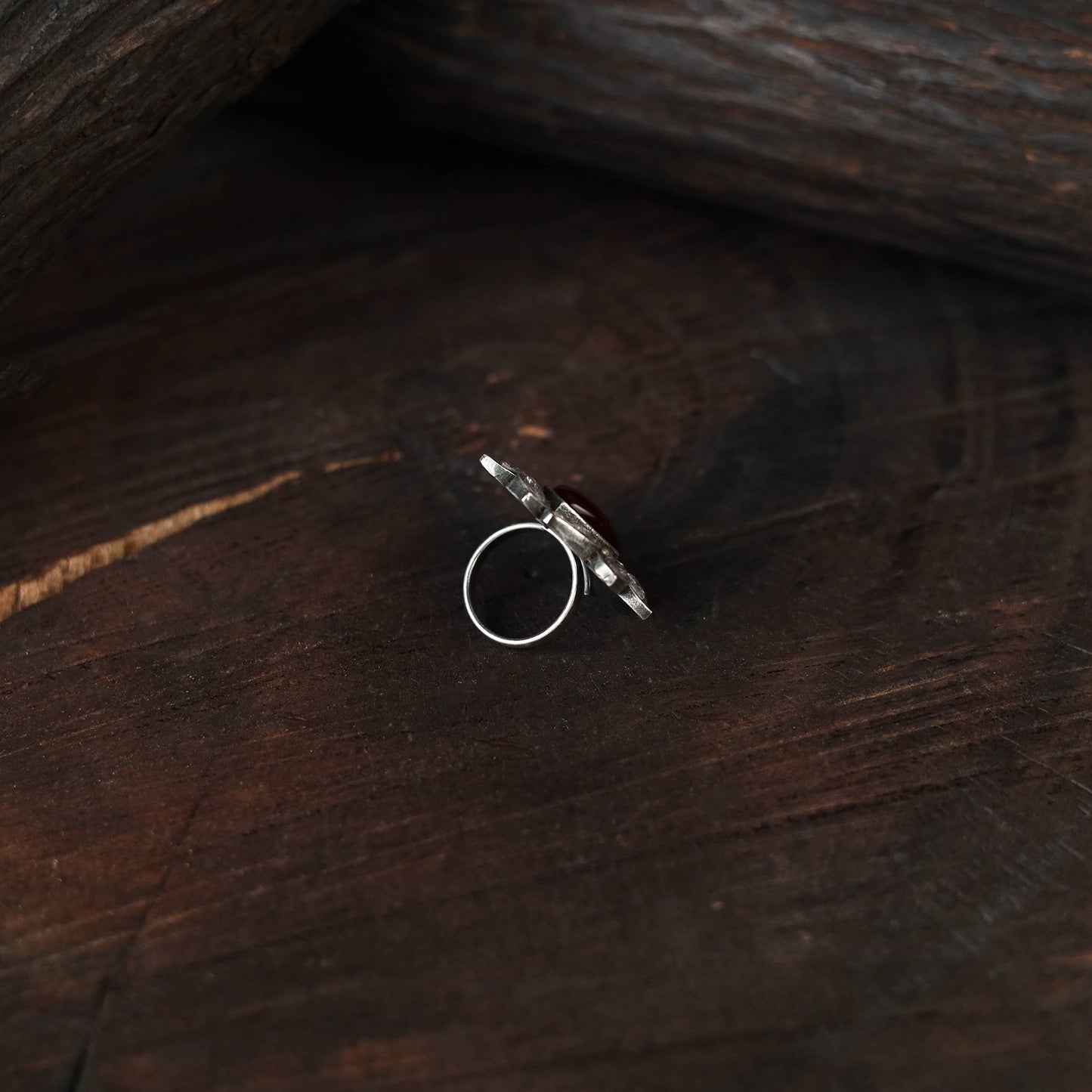 Red - antique silver finish oxidised stone work ring 49