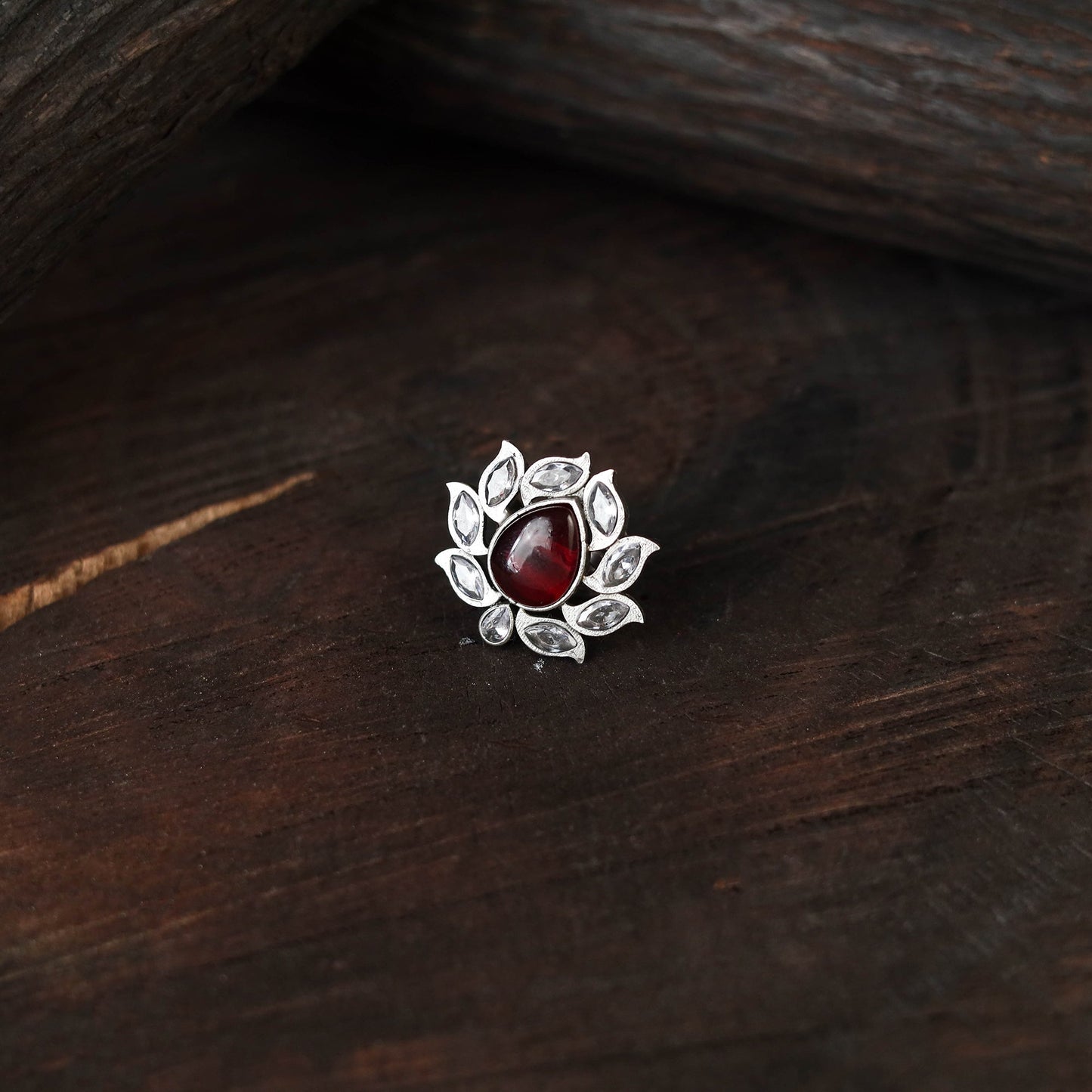 Red - antique silver finish oxidised stone work ring 49