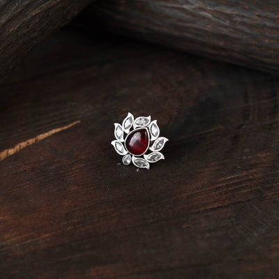 Red - antique silver finish oxidised stone work ring 49