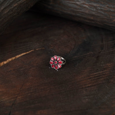 Red - antique silver finish oxidised stone work ring 78