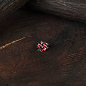 Red - antique silver finish oxidised stone work ring 78