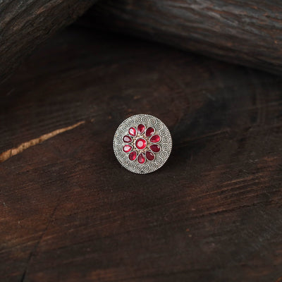 Red - antique silver finish oxidised stone work ring 97