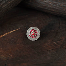 Red - antique silver finish oxidised stone work ring 97