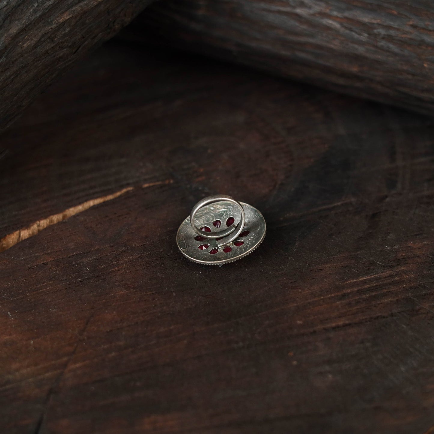 Red - antique silver finish oxidised stone work ring 97