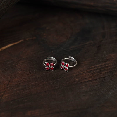 Red - antique silver finish oxidised toe rings (adjustable)