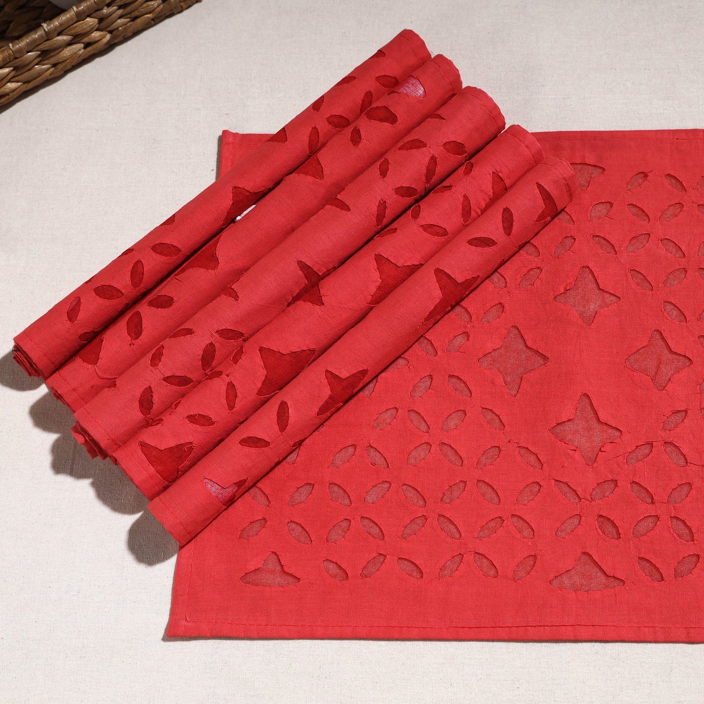  Red Applique Cut Work Cotton Table Mats (set of 6)