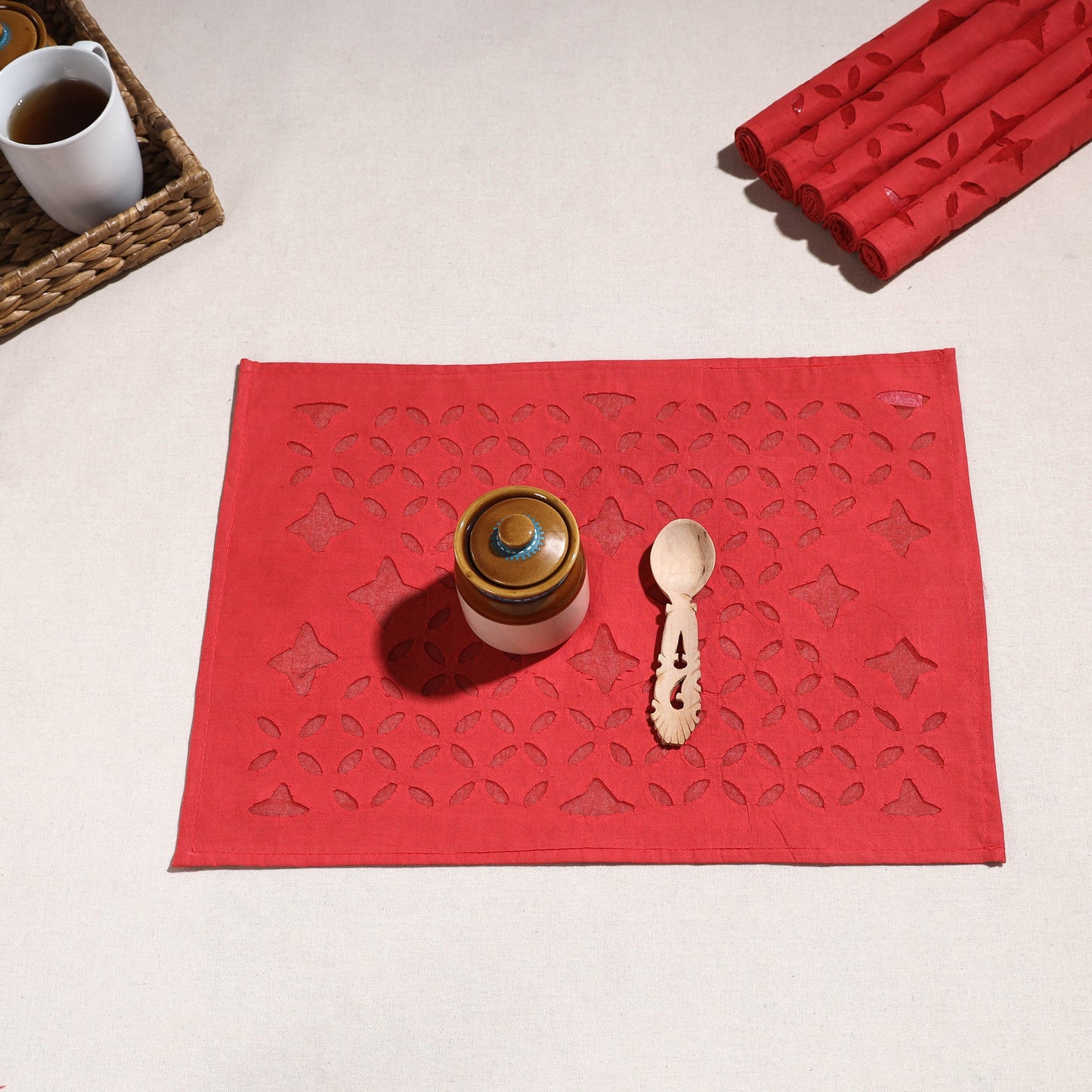  Red Applique Cut Work Cotton Table Mats (set of 6)