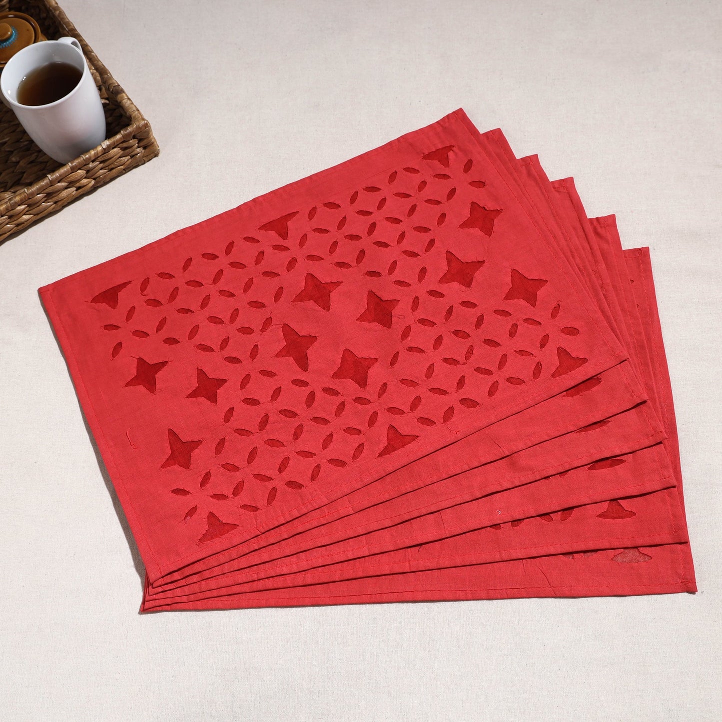  Red Applique Cut Work Cotton Table Mats (set of 6)