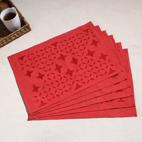  Red Applique Cut Work Cotton Table Mats (set of 6)