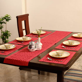 Red - applique cut work table runner with mat set 89