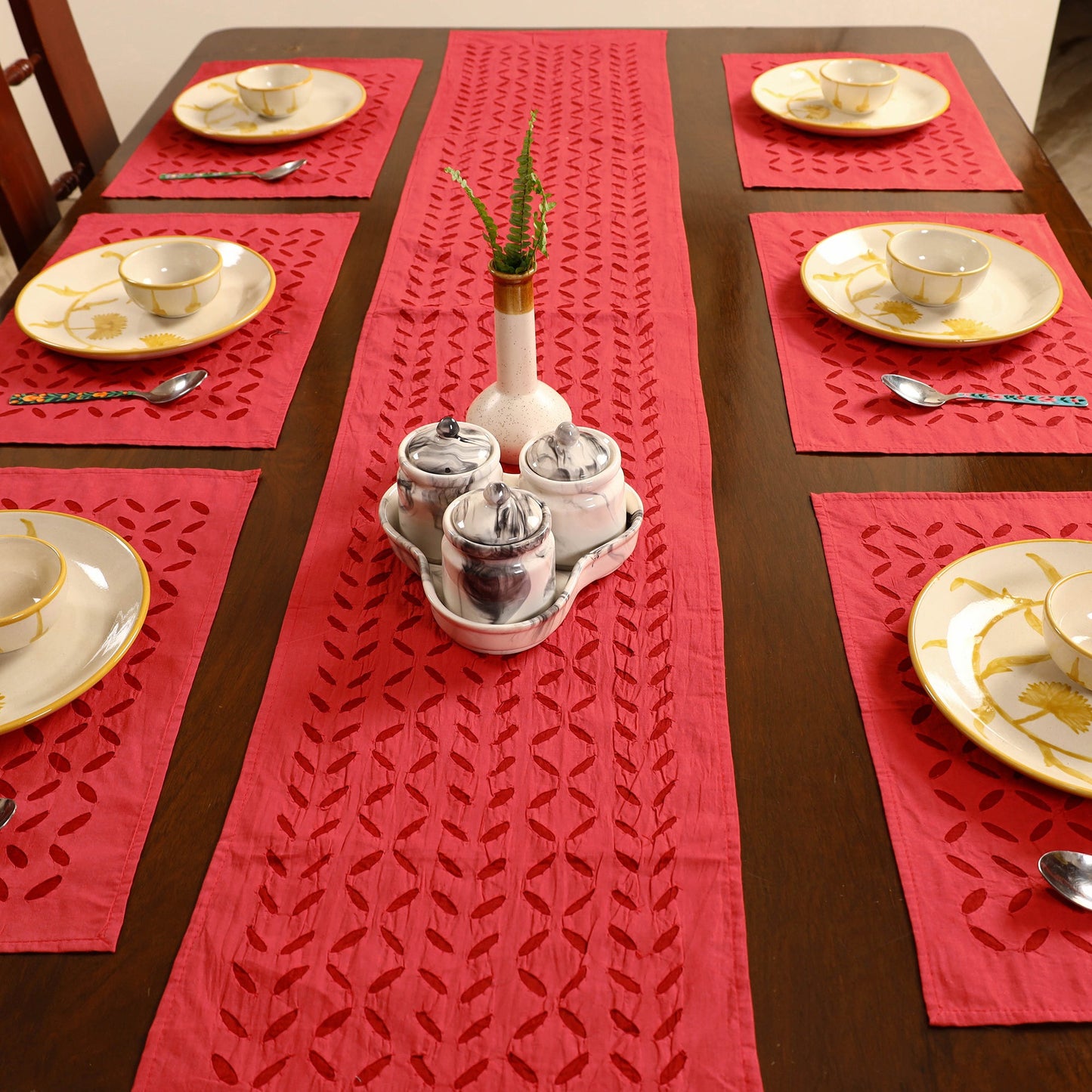 Red - applique cut work table runner with mat set 89