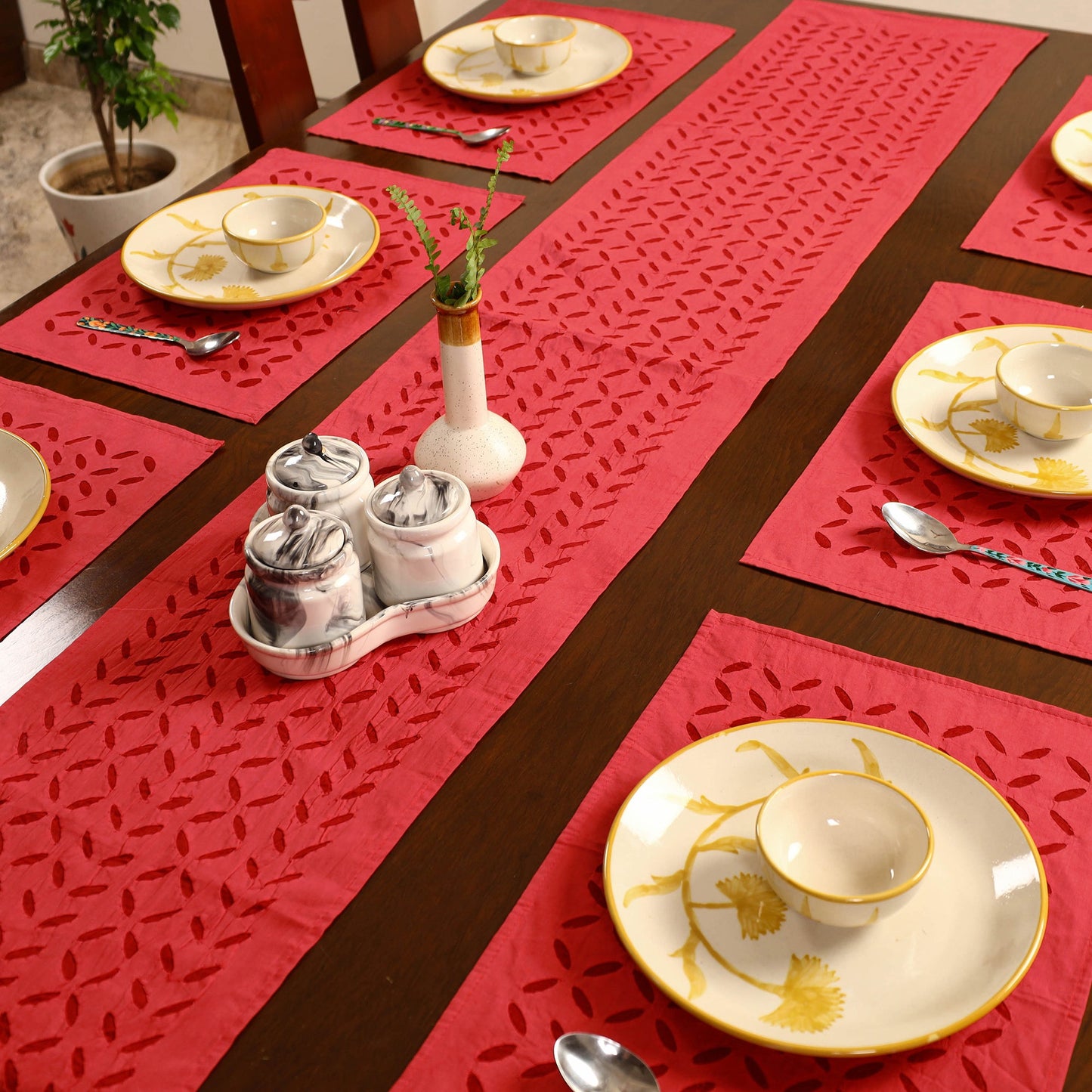 Red - applique cut work table runner with mat set 89