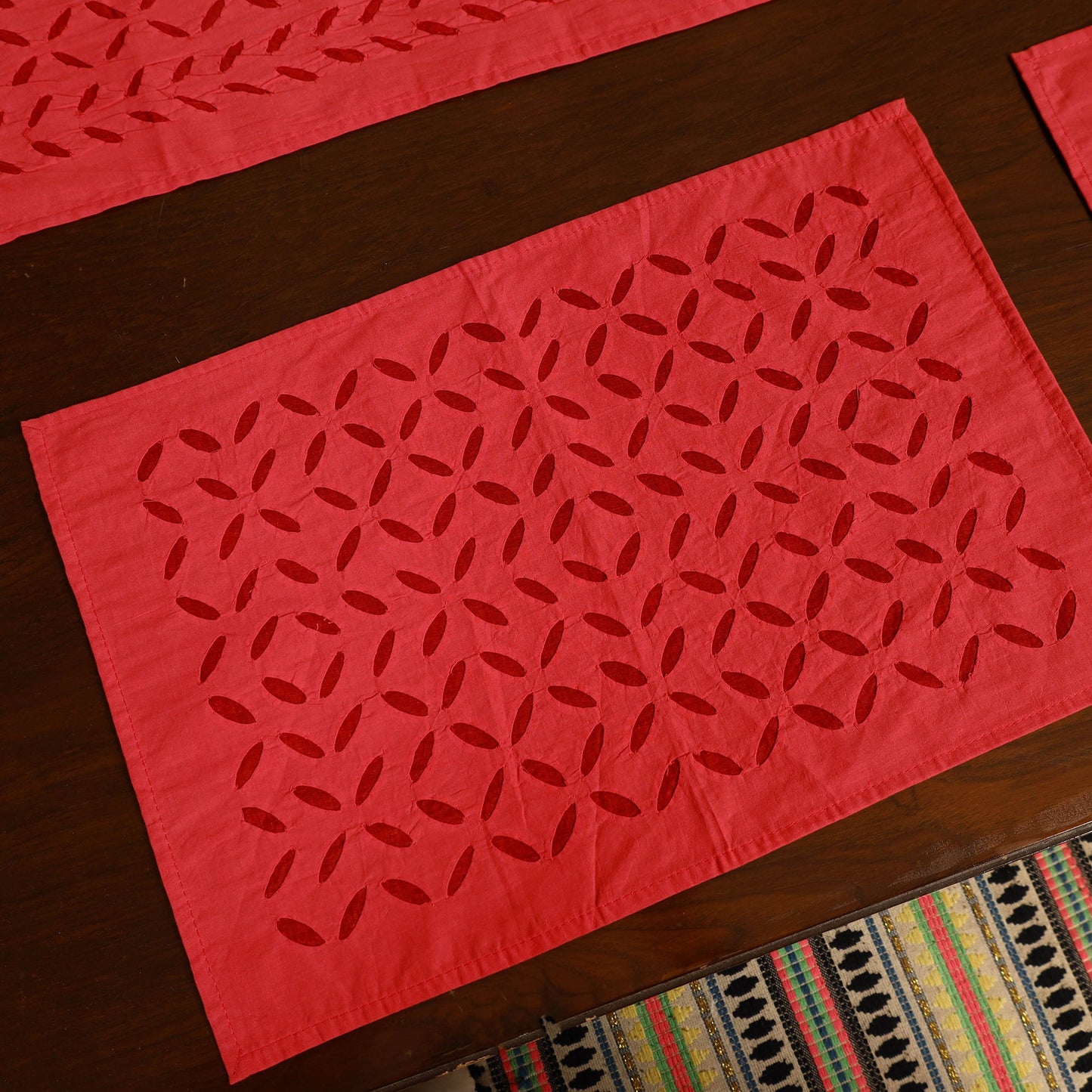 Red - applique cut work table runner with mat set 89