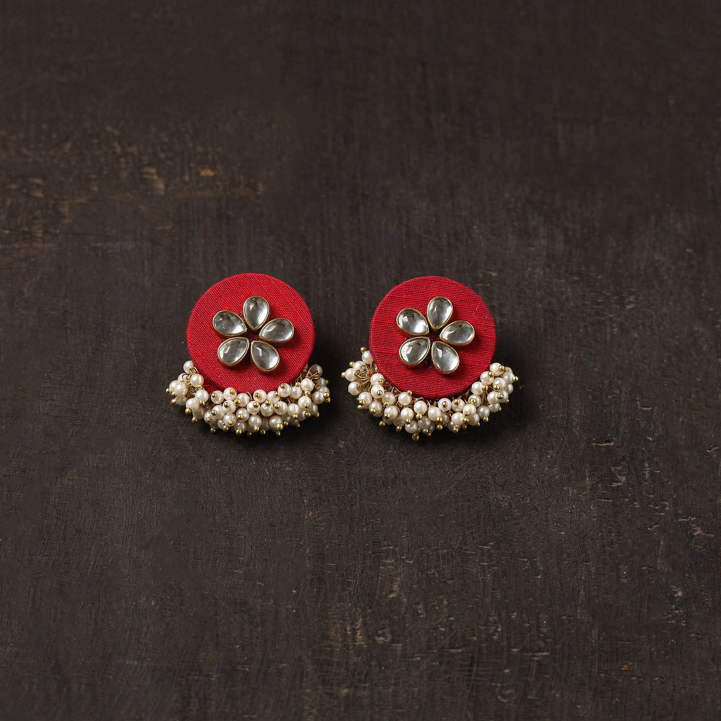 Red - arohi fabart earrings with kundan & beads