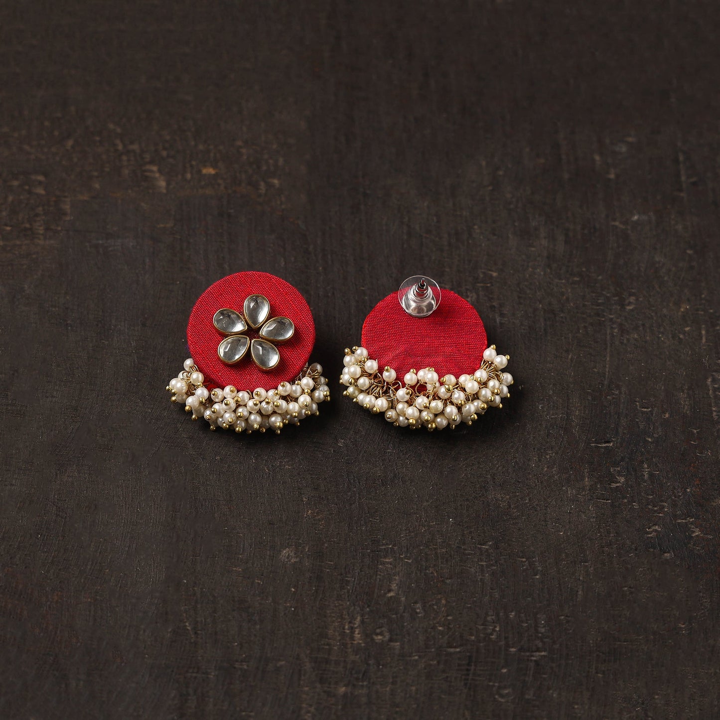 Red - arohi fabart earrings with kundan & beads