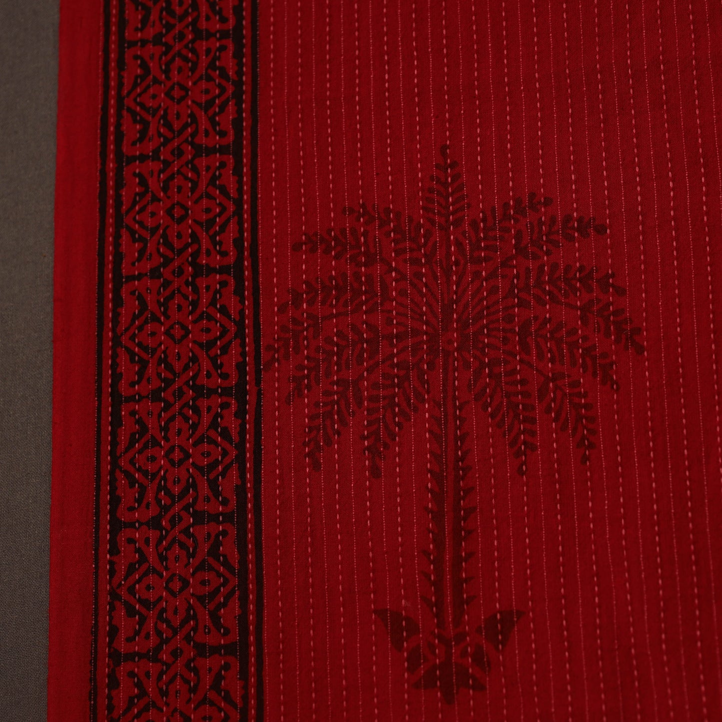 Red Bagh Block Print Kantha Work Natural Dyed Cotton Fabric