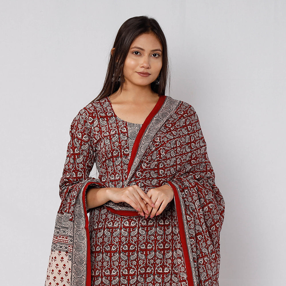  Bagh Block Printed Cotton Long Kurta with Palazzo & Dupatta Set 09 
