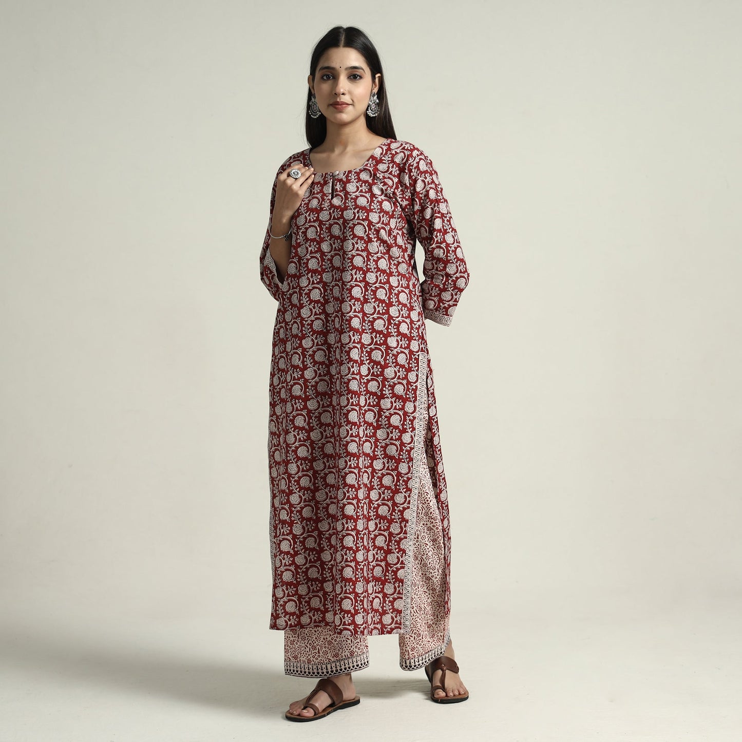 Red - bagh block printed cotton kurta with palazzo &