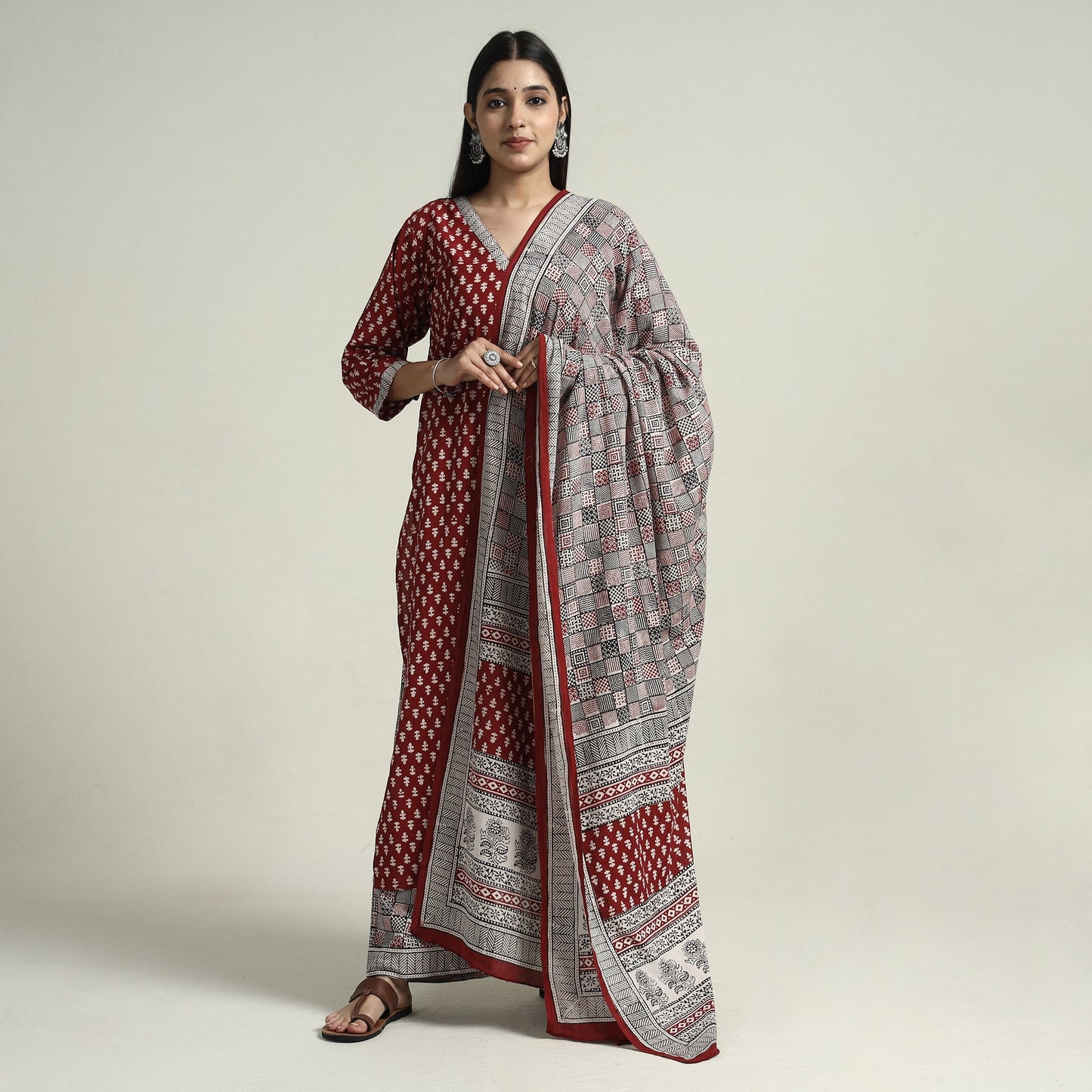 Red - bagh block printed cotton kurta with palazzo &