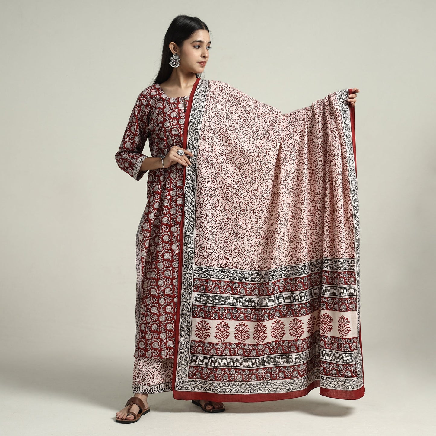 Red - bagh block printed cotton kurta with palazzo &