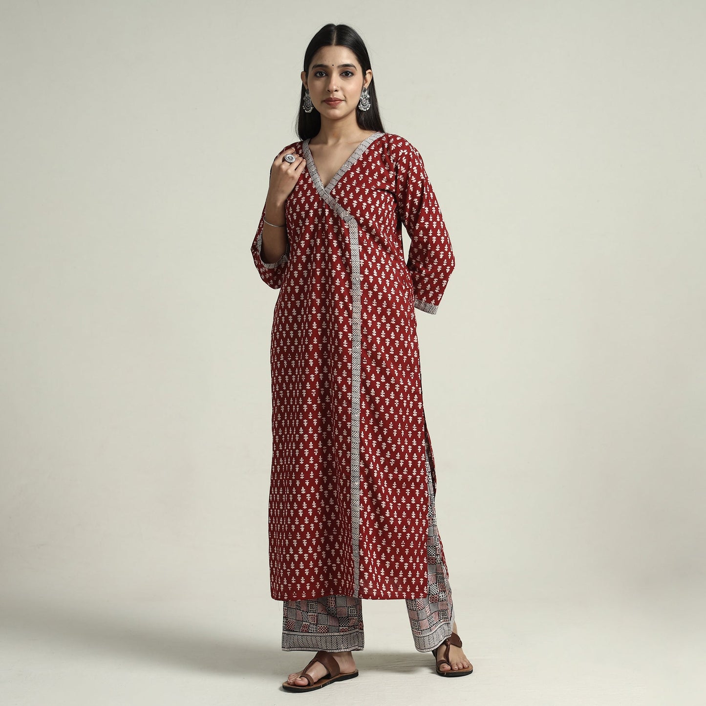 Red - bagh block printed cotton kurta with palazzo &