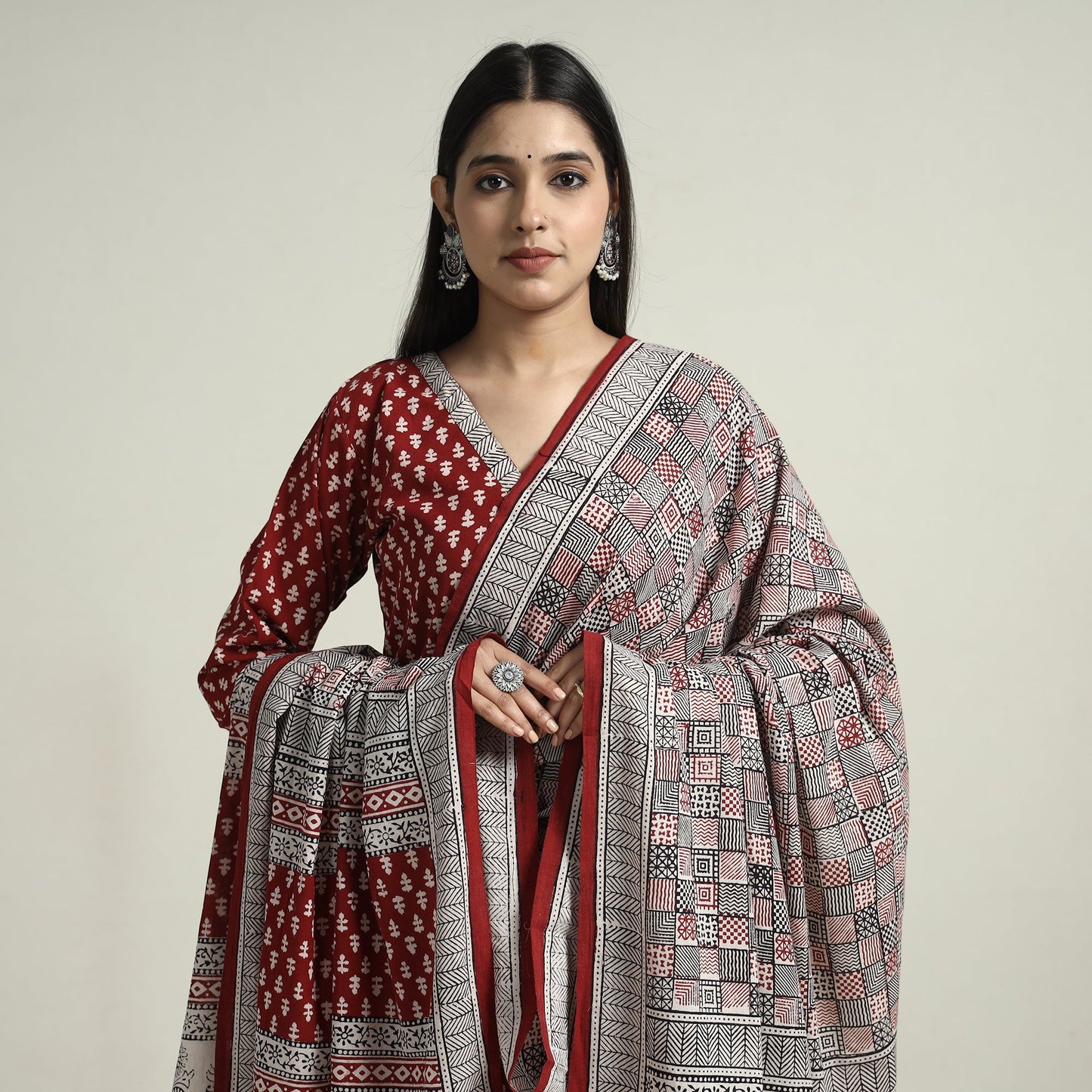 Red - bagh block printed cotton kurta with palazzo &