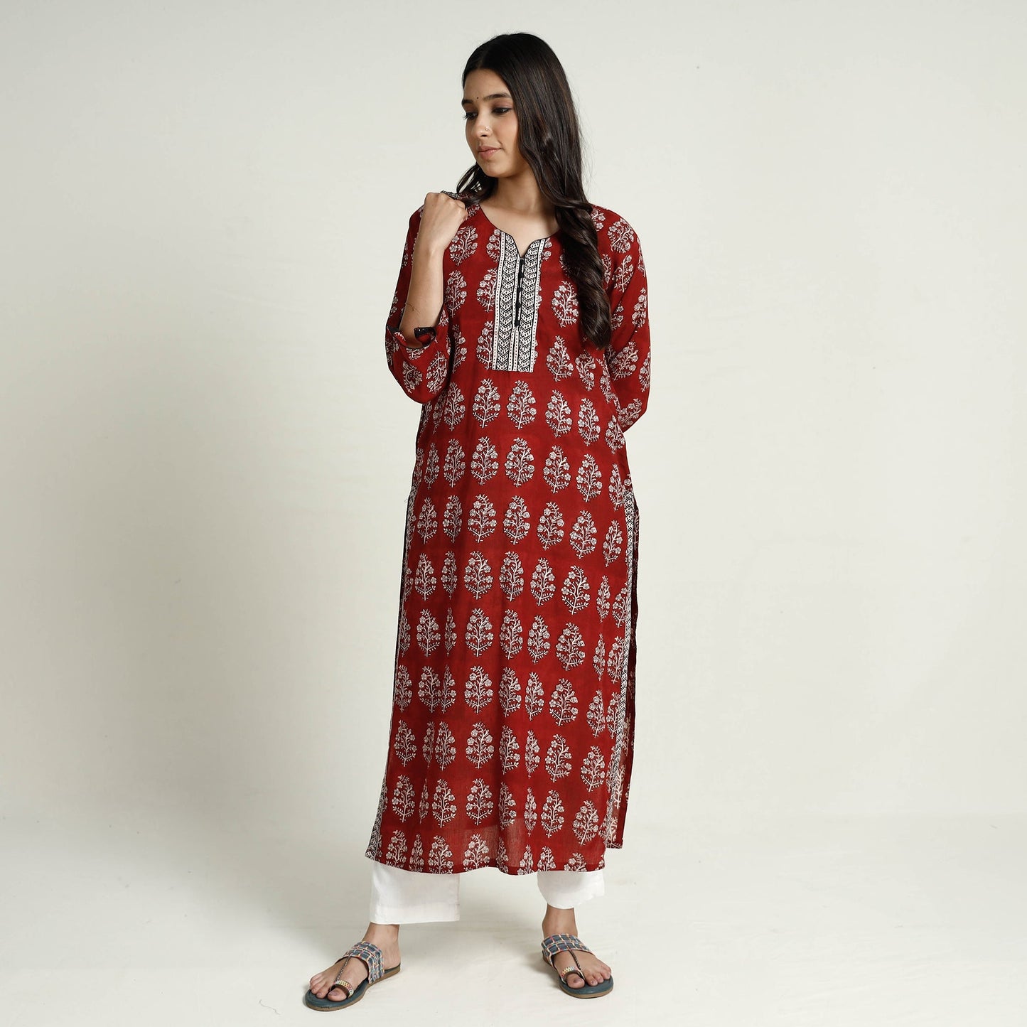 Red - bagh printed mul cotton long kurta - handcrafted