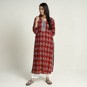 Red - bagh printed mul cotton long kurta - handcrafted