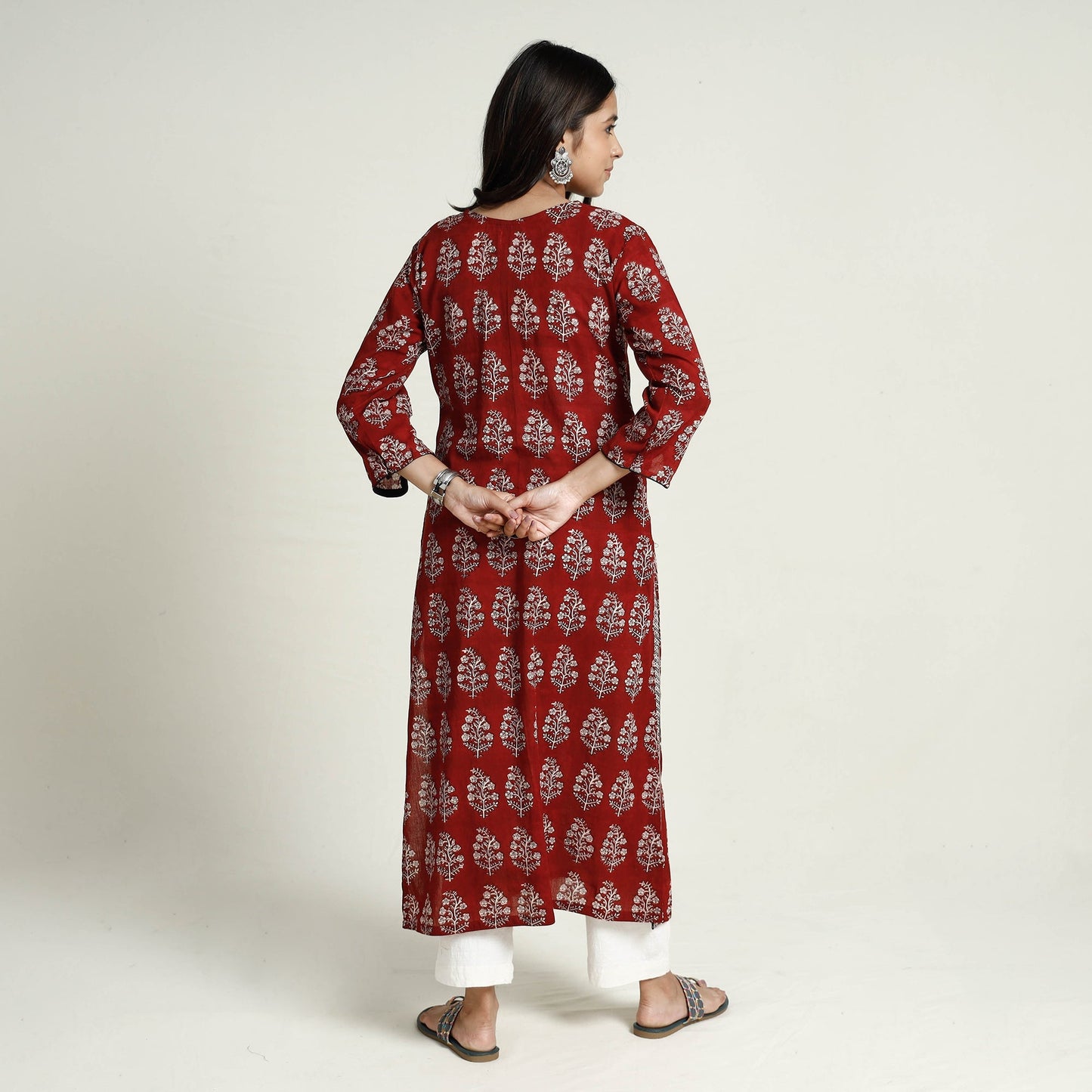 Red - bagh printed mul cotton long kurta - handcrafted