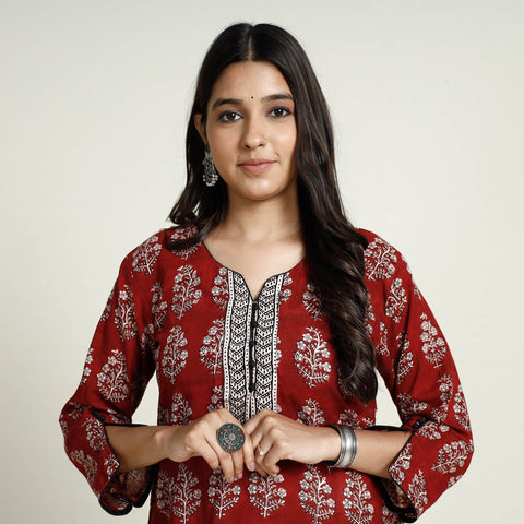 Red - bagh printed mul cotton long kurta - handcrafted