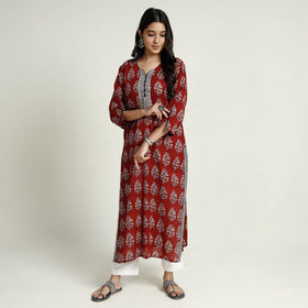 Red - bagh printed mul cotton long kurta - handcrafted