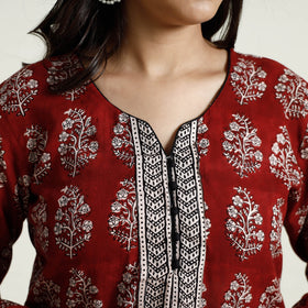 Red - bagh printed mul cotton long kurta - handcrafted