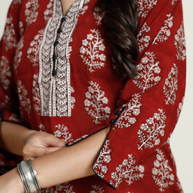 Red - bagh printed mul cotton long kurta - handcrafted