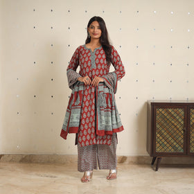 Red - bagh cotton suit set (set of 3) 07 - handcrafted