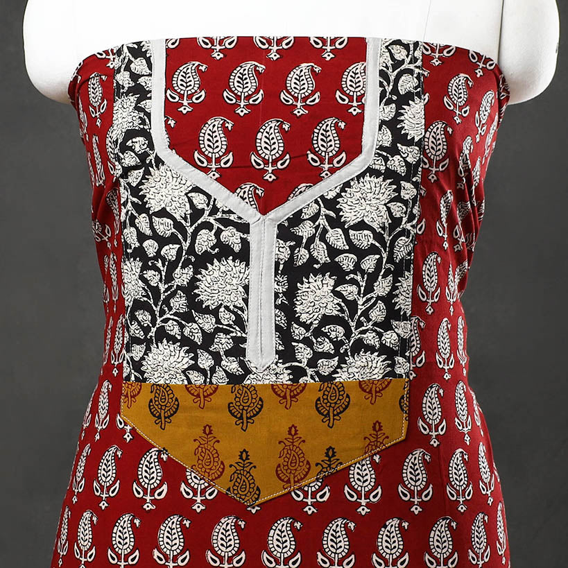 Red - bagh cotton unstitched kurta material with patchwork