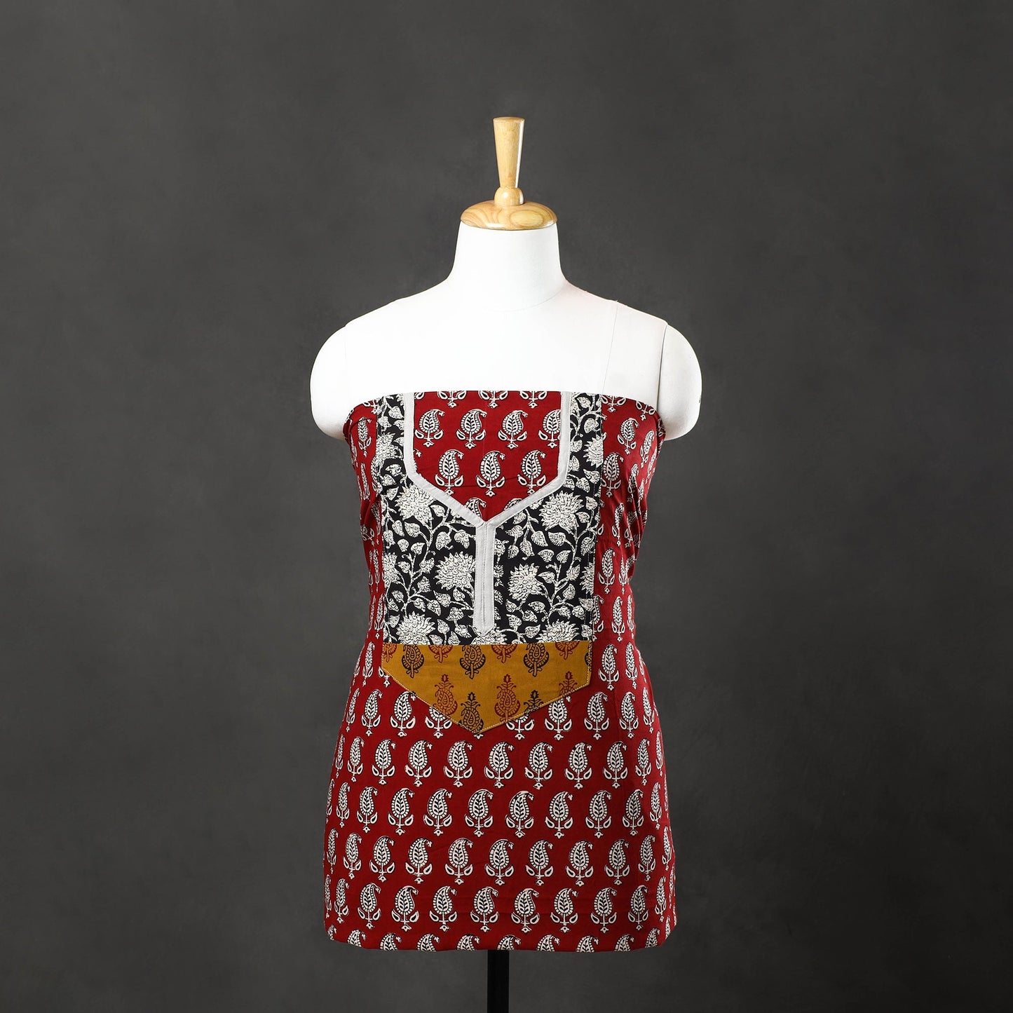 Red - bagh cotton unstitched kurta material with patchwork