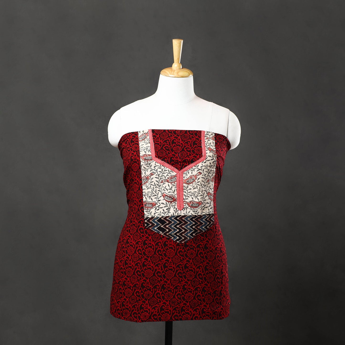 Red - bagh cotton unstitched kurta material with patchwork