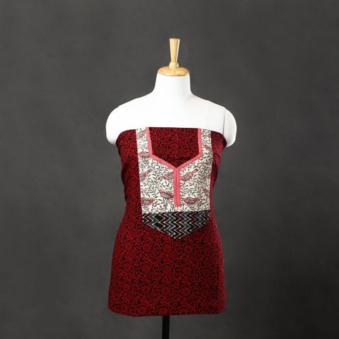 Red - bagh cotton unstitched kurta material with patchwork