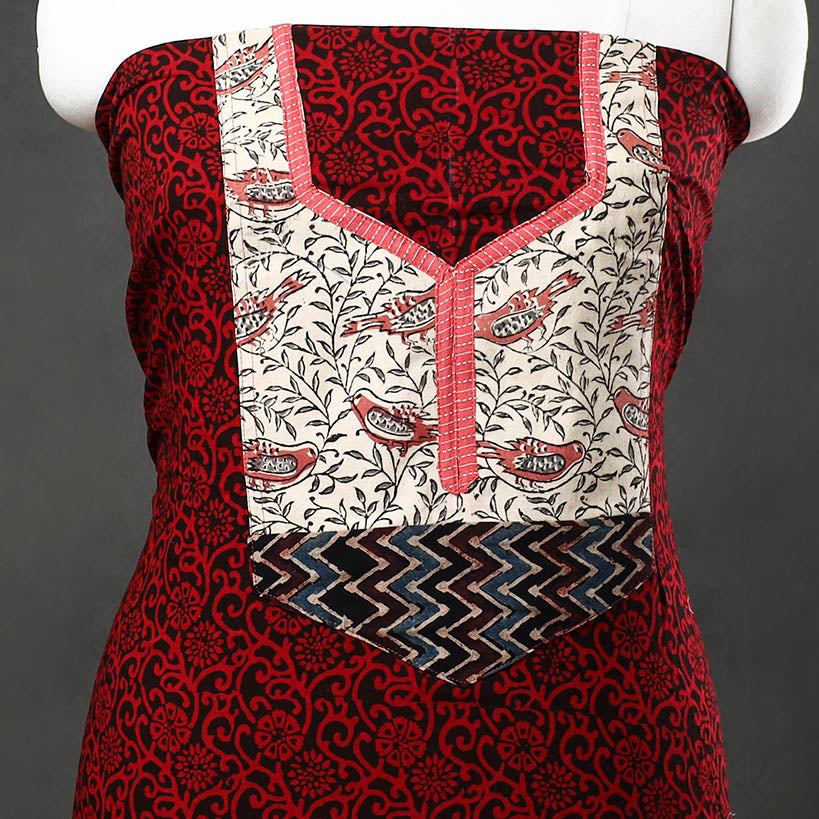Red - bagh cotton unstitched kurta material with patchwork