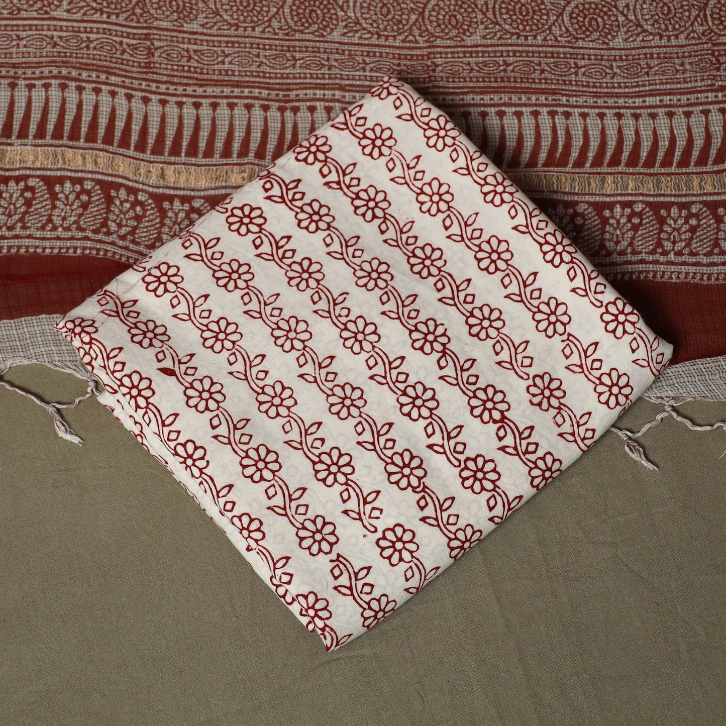 Bagh hand block print natural dyed kota doria cotton 3pc