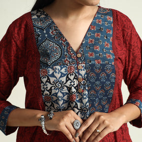 Red - bagh hand block printed patchwork cotton a-line long