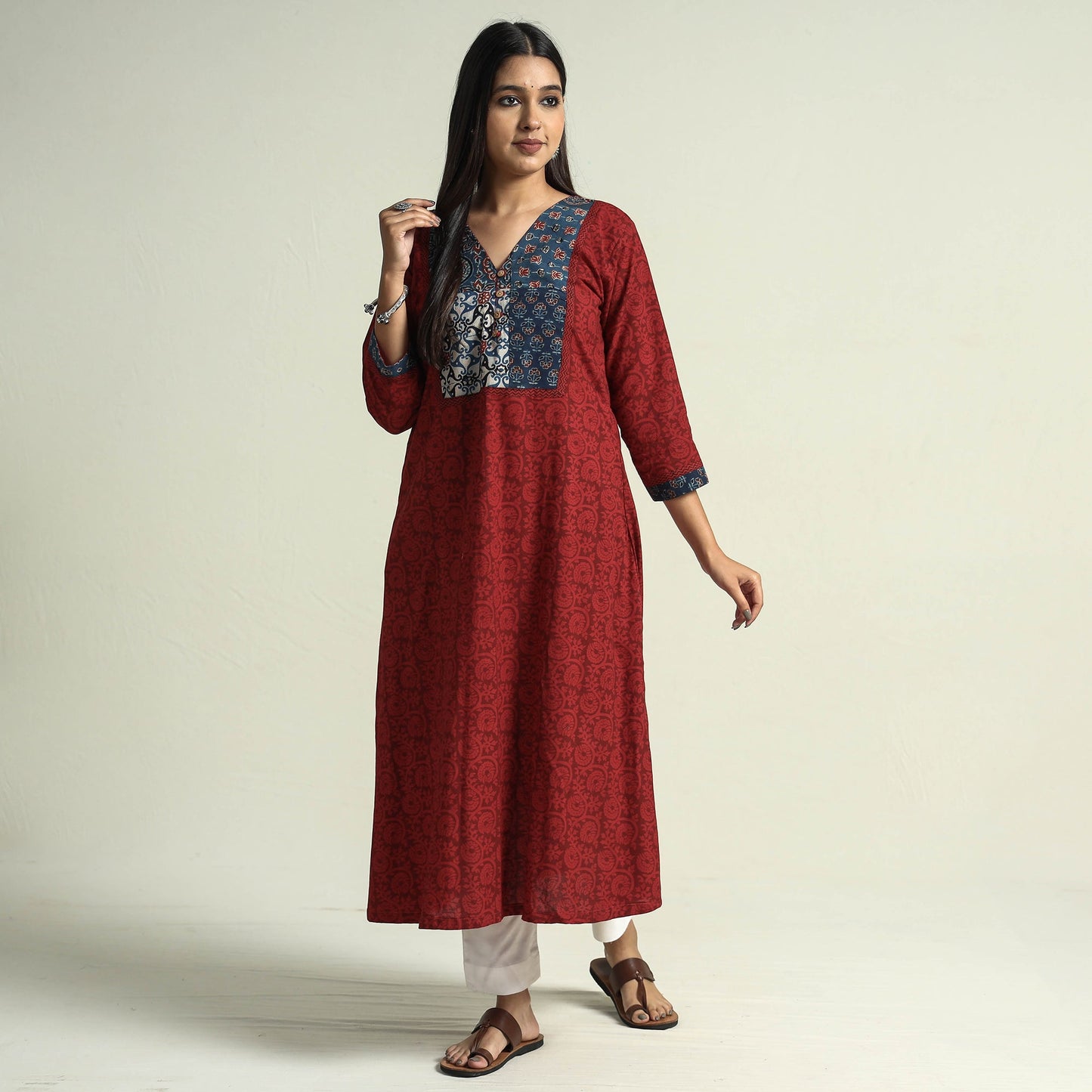 Red - bagh hand block printed patchwork cotton a-line long