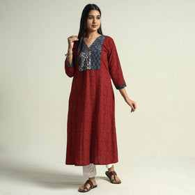 Red - bagh hand block printed patchwork cotton a-line long