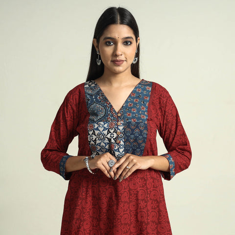 Red - bagh hand block printed patchwork cotton a-line long