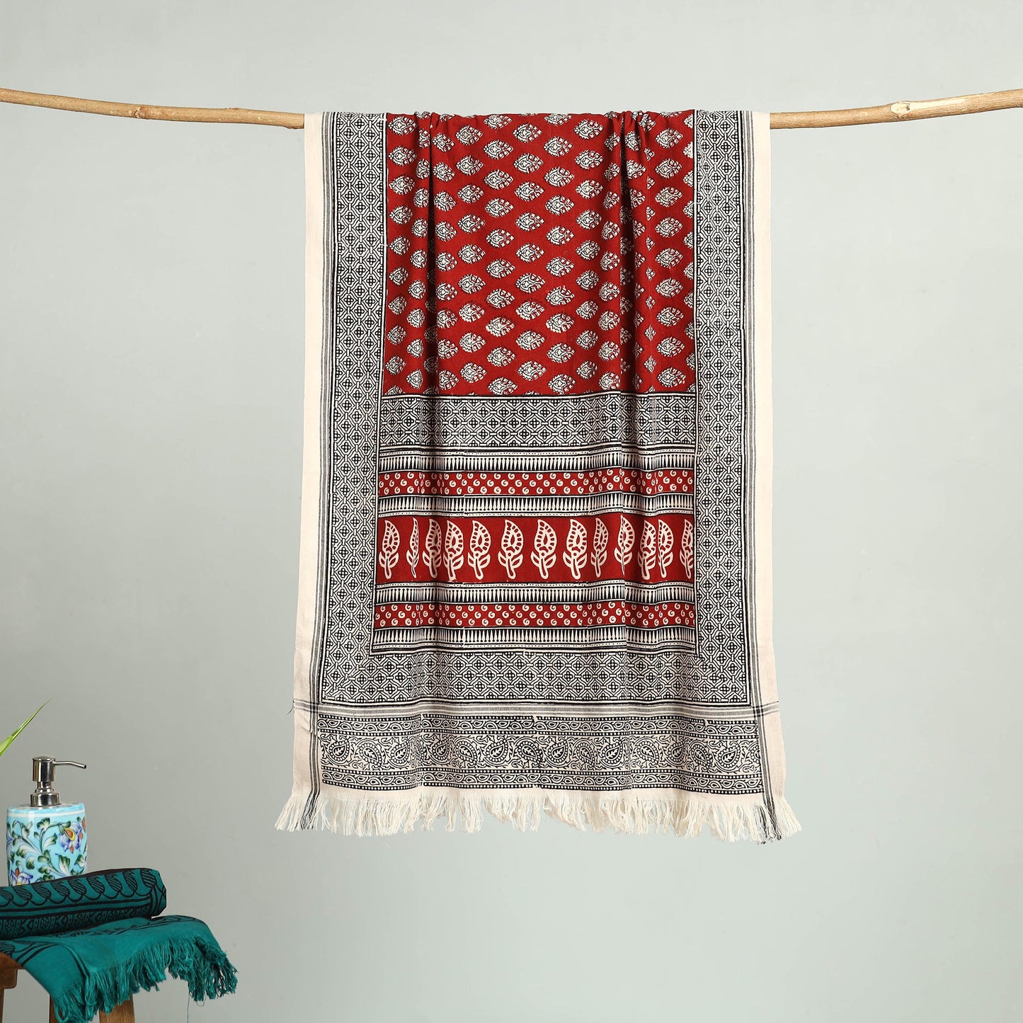 Red - bagh hand cotton handloom towel 35 - handcrafted