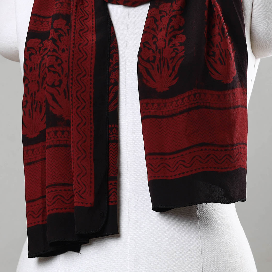 Red Bagh Block Print Natural Dyed Crepe Silk Stole 