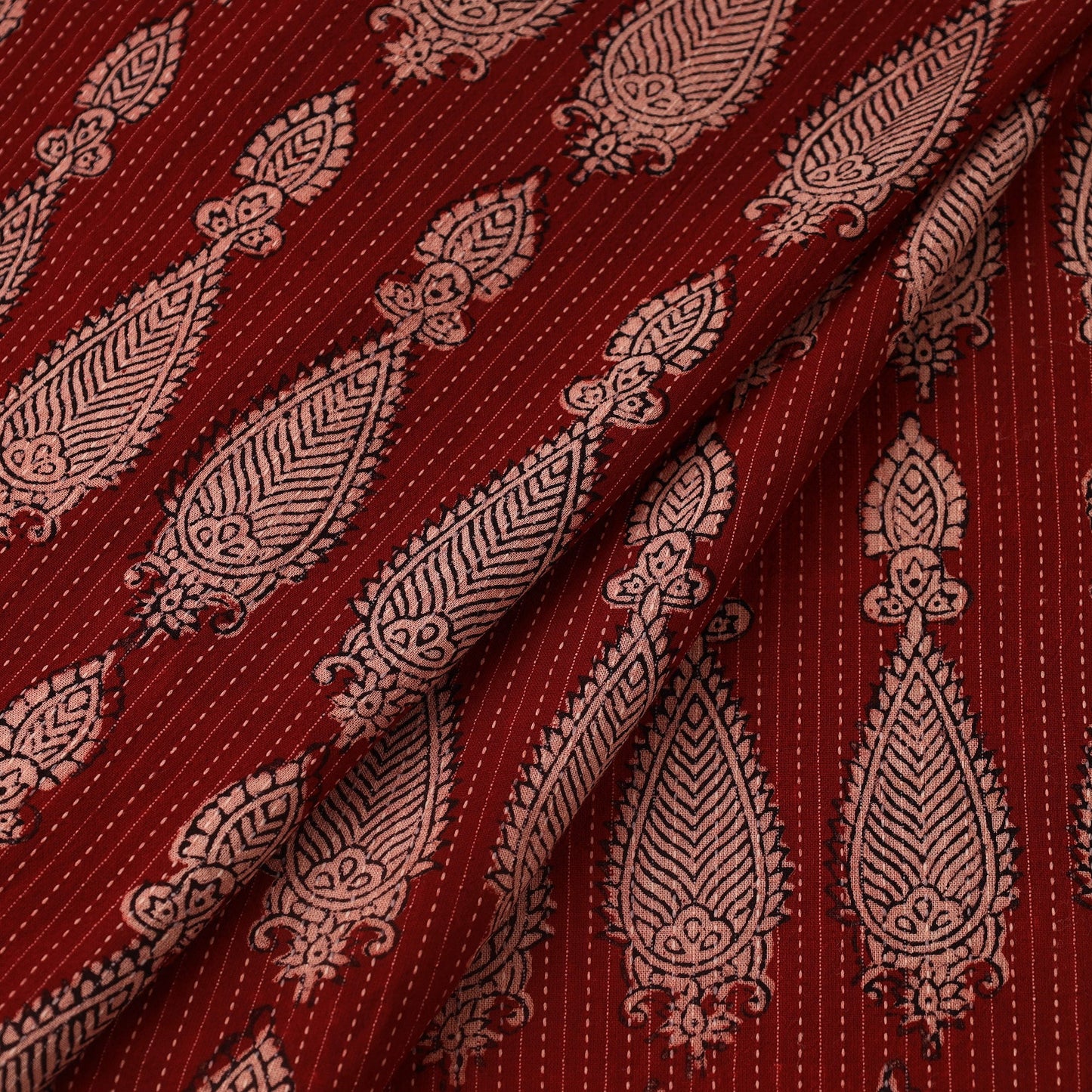 Red Bagh Block Print Kantha Work Natural Dyed Cotton Fabric