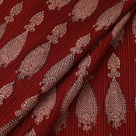 Red Bagh Block Print Kantha Work Natural Dyed Cotton Fabric