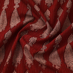 Red Bagh Block Print Kantha Work Natural Dyed Cotton Fabric