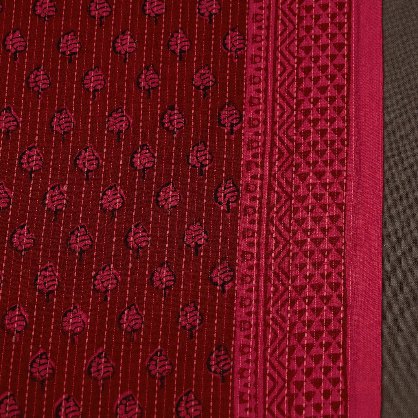 Red Bagh Block Print Kantha Work Natural Dyed Cotton Fabric